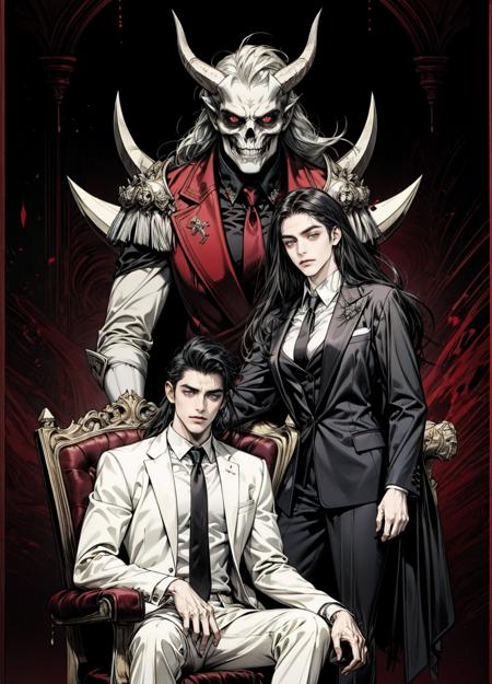 official art, unity 8k wallpaper, ultra detailed, beautiful and aesthetic, High quality, beautiful, masterpiece, best quality, 1man, handsome man with black hair, long hair:1, sitting on a chair, smirk, evil stare, elegant pose, black and red suit, back tie, red horns, red blackground, dead set eyes, simple style