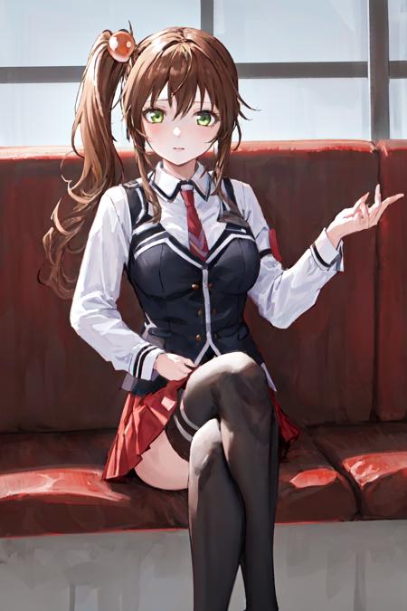 masterpiece, best quality, highres, 1girl kurumi imari side ponytail, school uniform red skirt red necktie black thighhighs white shirt black vest strap <lora:kurumi_imari:1> sitting, crossed legs