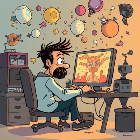 A frustrated artist sitting at a computer, looking at a bizarre AI-generated image on the screen, surrounded by floating, abstract shapes and surreal characters, hinting at the unpredictable quality of Kling, colorful and humorous, cartoonish style.