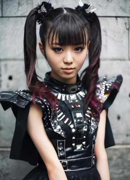 realistic, photorealistic, detailed, beautiful, RAW photo, film grain, (natural lighting :1.2), japanese, woman, raw photo, photo background, twintails, m0akiku, punk style, black outfit, 20 years old, detailed black eyes,  bokeh, baby metal, <lora:m0akiku -000008:1>