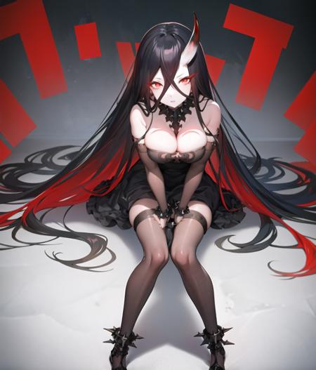 best quality, digital art, (leaning forward, between legs:1.3),
BREAK
battleship water oni, abyssal ship, 1girl, red eyes, glowing eyes, serious, white skin, colored skin, horns, single horn, crossed bangs, black hair,  very long hair, hair between eyes, bare shoulders, cleavage, black dress, large breasts, strapless dress, frilled dress, (black gloves, elbow gloves, spiked bracelet:1.2), nice hands <lora:envybetterhandsLocon_beta2:0.6>