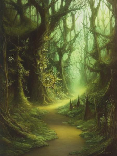 <lyco:WendyFroud:1.0> a fantasy forest scene by Brian Froud