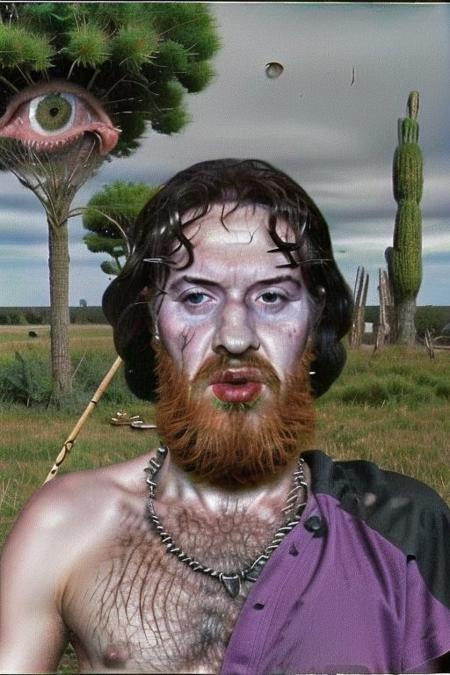 Weirdcore upper body and face of <ffurian> male face on trees on african ground,  (face portrait 1.6) angry man, 90VHS, (ffurian man with beard 1.1) (y2k aesthetic 0.8), ms paint style <lora:ms-paint-lora:1> (rainy weather 1.2),  <lora:y2kaesthetic:0.7>, half0ster, organic sculptures, SergeyProkudinGorsky