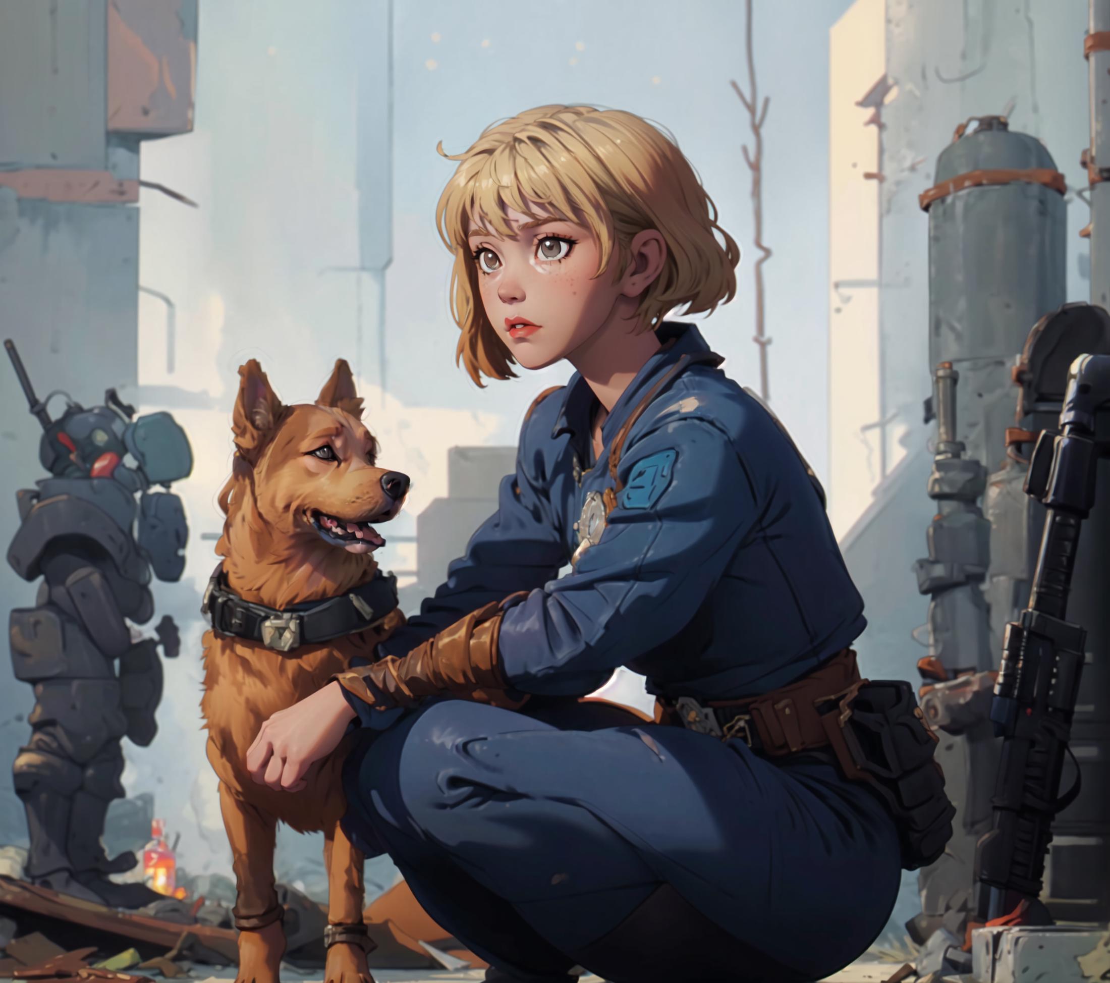 A woman with blonde hair holding a brown dog in a blue jumpsuit.