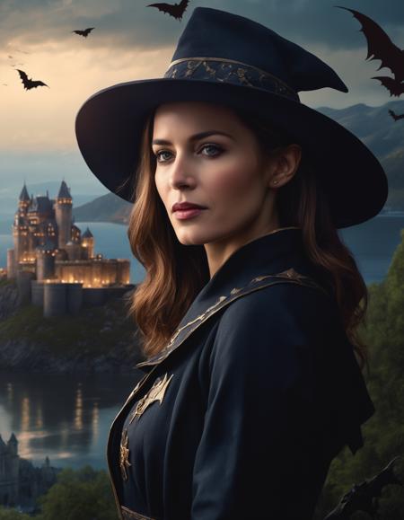 cinematic photo hyper realistic portrait painting, beautifully rendered, gorgeous  (((ohwx woman))) witch with a hat, moonlight, bats, castle in the background, painted by greg rutkowski, wlop, artgerm, dishonored 2  <lora:blunt_lora_sdxl_v1-000008:1> . 35mm photograph, film, bokeh, professional, 4k, highly detailed