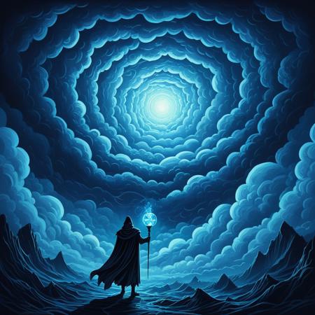 a painting of clouds in the dark with light coming from the top. A vibrant, abstract illustration featuring swirling, oversized blue smoke-like-clouds against a gradient background of blue hues. The clouds appear layered and textured, with subtle highlights and shadows that create depth. The composition conveys a sense of a dark prophetic future merging with a scary, evil sky. In de bottom right is one tiny dark evil necromancer person with cape and holding a glass ball in the far distance. vector design, colorful, posterized color illustration in the style of dan mumford, vintage, retro, psychedelic, intricate fantasy painting, blue tints, soft light 4 k, dan mumford artwork