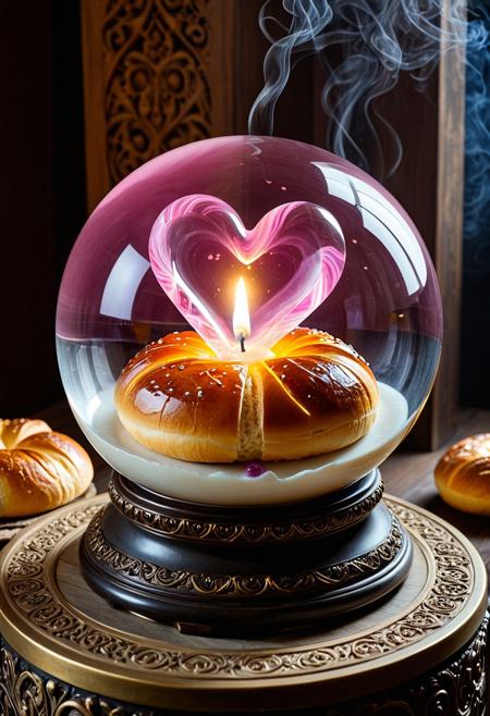 (masterpiece, best quality, highres:1.2), (photorealistic:1.2), (intricate and beautiful:1.2), (detailed light:1.2), (colorful, dynamic angle),
A hyper-realistic close-up of a crystal ball, resting on a weathered blackened pedestal, pedestal made of liquid marble, pedestal is carved with intricate runes, runes glowing faintly in amber, detailed,
BREAK inside the crystal ball, a floating pink heart made of liquid marble, electricity appears to shock the heart from the edges of the crystal ball, with subtle flickers of light illuminating the swirling smoke patterns,
BREAK 1girl, mage, wearing an intricately detailed robe, v-neck robe, no bra, small breasts, holding hands over crystal ball, 
BREAK Background, Dramatic lighting, rolling fog, intense highlights, deep shadowy contrasts, creating a powerful, moody atmosphere, Hyperdetailed textures, glowing ember effects, intricate reflections, in a spooky forest, depth of field
Style: Whimsical, detailed
Main Elements: Baked goods (buns, pastries, bread), imaginative settings
Color Palette: Warm, inviting colors; golden browns, creams, pastel glazes
Lighting: Soft and warm lighting to enhance the cozy atmosphere
Shapes: Realistic yet imaginative forms of baked goods
Details: Rich in detail, showcasing the textures and forms of various pastries
Aesthetic: Fun, charming, and delicious