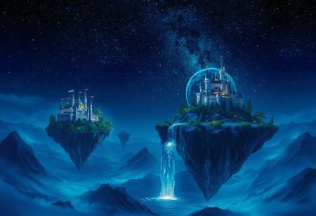 A nightscape featuring floating islands drifting in a star-filled sky.  complete with castles and glowing waterfalls