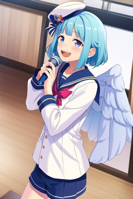 masterpiece, best quality, absurdres, cute, ultra-detailed, <lora:ensemble_stars:0.6>, shino hajime, ensemble stars, solo, blush, smile, open mouth, 1boy, hat, male focus, wings, sailor collar, microphone, sailor hat, indoors,