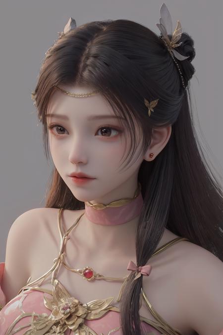 <lora:TianLinger:0.8>,tianlinger,1girl,solo,jewelry,black hair,long hair,hair ornament,brown eyes,earrings,Gold ornament,white background,necklace,simple background,realistic,choker,lips,bare shoulders,bow,upper body,round face,, best quality , masterpiece, illustration, an extremely delicate and beautiful, extremely detailed ,CG,unity,8k wallpaper, Amazing, finely detail, masterpiece, best quality,official art,extremely detailed CG unity 8k wallpaper,absurdres, incredibly absurdres, huge filesize , ultra-detailed, highres, extremely detailed,beautiful detailed girl, extremely detailed eyes and face, beautiful detailed eyes,light on face,