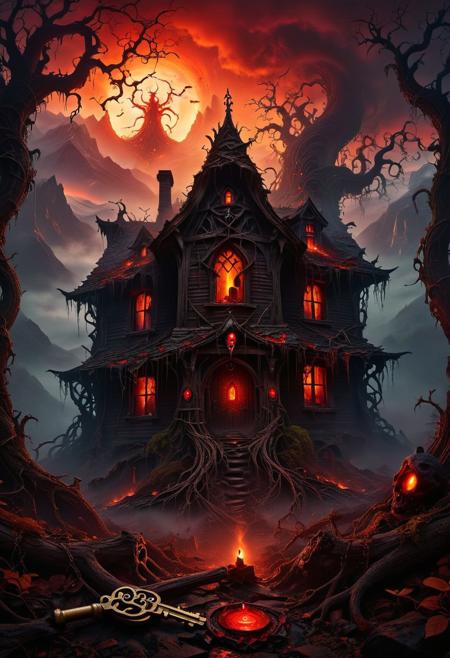 A dark, abandoned witch's house in the middle of a foggy forest. The house is ancient, with twisted vines covering rotting wooden walls and shattered windows. A close-up of a skeletal hand holding a key, antique key with faint, mystical symbols and a small, pulsing crimson gem. Behind the house, a menacing mountain looms under a blood-red sky, with cracks glowing fiery orange as molten lava flows down its slopes, casting a sinister light on the scene. The atmosphere is eerie and filled with dark magic, with shadows moving within the broken windows, and the house exuding a dark, watching presence.