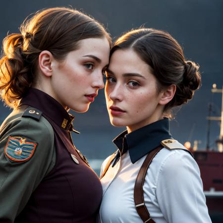 nsfw, (2 girls:1.2), ( freckles:0.8), perfect eyes, chestnut bun hair, Style-GravityMagic, upper body, (detailed background:1.2), detailed face, (dieselpunk, ww2 dieselpunk theme:1.1), ship captain, calm, orange admiral uniform, dynamic movement, in port, rigging, rail, ship wheel, island in background, overcast, (dramatic lighting:1.2), tense atmosphere, volumetric light, masterpiece, 8k, perfect lighting, (complimentary colors:1.2), (best quality:1.3), dramatic lighting, (intricate details:1.1), subsurface scattering, ultrarealistic,