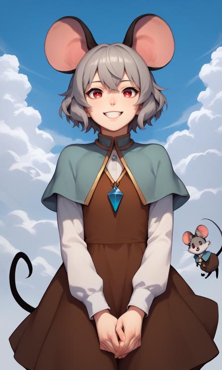 nazrin mouse ears, red eyes, mouse tail, grey hair, capelet, brown dress, white sleeves, pendant