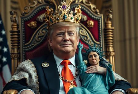 Donald Trump as the King of the USA: Donald Trump sits on a regal throne, crowned as the “King of the USA.” His crown is adorned, not with traditional jewels, but with the symbols of major cryptocurrencies: Bitcoin, Ethereum, and Dogecoin. Trump’s expression is a fierce yet confident smile, exuding a sense of power and dominance.
Scene Composition: In the background, Kamala Harris appears distressed, shedding tears as she’s gently supported by a small Statue of Liberty figure, which tugs her forward as if to reassure her or console her loss.
Visual Style: Shot using Panavision Cine Prime lenses, with top-level color correction and detail. The image is polished with a docufiction style, adding a subtle realism and dramatic cinematic flair. Colors are vivid yet slightly moody, capturing the contrast between Trump’s triumph and Harris’s despair.