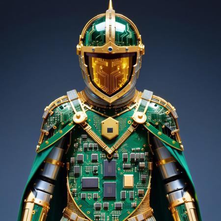 a knight in full armor made of overlapping circuit layers, joints articulated with gold-plated traces, helmet visor shaped from darkened LCD panel glass, power core glowing beneath a transparent CPU shield, cape woven from soldered ribbon cables, pcb_style