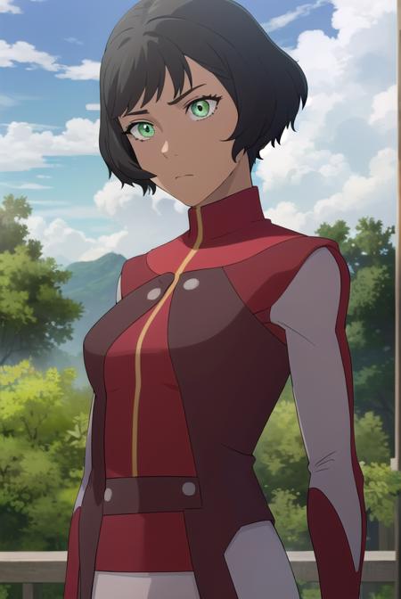 avataropal, <lora:avatar opal-lora-nochekaiser:1>,
opal, short hair, black hair, (green eyes:1.2), dark skin, dark-skinned female,
BREAK gloves, boots, fingerless gloves, uniform, turtleneck, (red uniform:1.5),
BREAK outdoors, forest, nature, grass, trees, sun, sky, clouds,
BREAK looking at viewer, (cowboy shot:1.5),
BREAK <lyco:GoodHands-beta2:1>, (masterpiece:1.2), best quality, high resolution, unity 8k wallpaper, (illustration:0.8), (beautiful detailed eyes:1.6), extremely detailed face, perfect lighting, extremely detailed CG, (perfect hands, perfect anatomy),