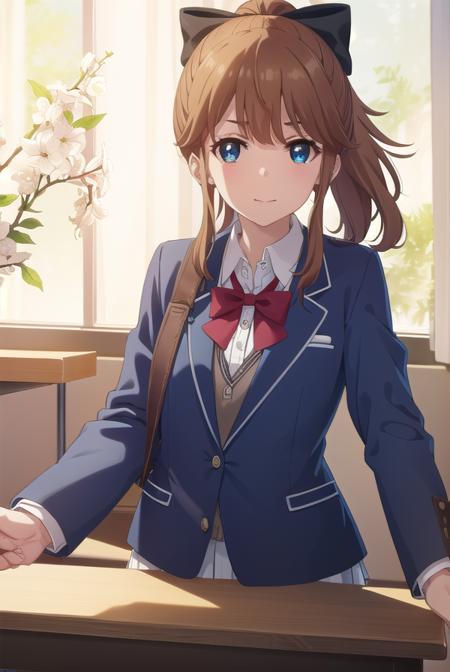 akatsukiminami, <lora:akatsuki minami s1-lora-nochekaiser:1>,
akatsuki minami, blue eyes, brown hair, ponytail, hair bow, sidelocks, black bow, smile,
BREAK shirt, school uniform, jacket, white shirt, necktie, collared shirt, blazer, red necktie, red skirt, skirt,
BREAK indoors, classroom,
BREAK looking at viewer, (cowboy shot:1.5),
BREAK <lyco:GoodHands-beta2:1>, (masterpiece:1.2), best quality, high resolution, unity 8k wallpaper, (illustration:0.8), (beautiful detailed eyes:1.6), extremely detailed face, perfect lighting, extremely detailed CG, (perfect hands, perfect anatomy),