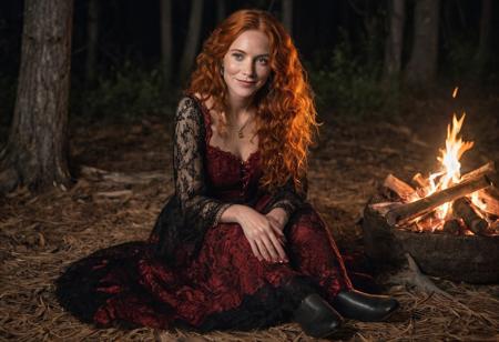 A captivating, cinematic night time photo of elegant beautiful woman sitting on the ground, around a campfire, hands on lap, smiling, age 40 with long curly orange hair and freckles. She is dressed in an exquisite, dark red and black gypsy dress adorned with intricate lace and gold thread patterns. Her long orange hair flows elegantly, and her eyes are a striking shade of red. Matching red slippers enhances her look. The background is covered wagon, a mystical, moonlit forest filled with mysterious glowing eyes, creating an atmosphere of supernatural enchantment., DarkFantasy, photo, cinematic,