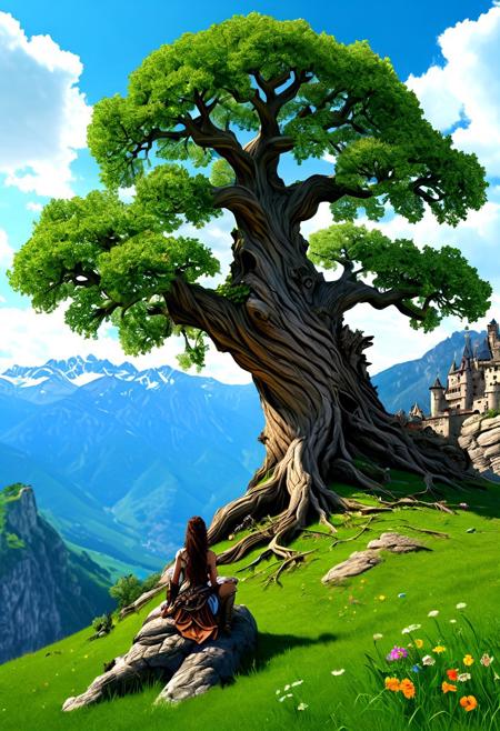 real, realistic tree, massive, old, gnarly tree with a huge trunk, standing alone on a hill, green grass, some coloured flowers and small rocks about, a small bird sitting on one branch, realistic sky and mountains in the background, a realistic girl,  sexy warrior princess lying in the roots, with a sword in her hand, realistic castle off in the background