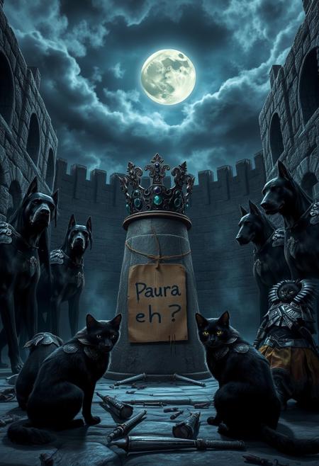 Under a stormy sky, a medieval arena carved from ancient stone is illuminated by cold, silvery moonlight. The scene is tense, with five Dobermans standing on one side, their muscular forms clad in dark, battle-worn armor engraved with intricate patterns. Their eyes glow with an unnatural intensity, and their breath forms mist in the chilly night air.
Opposite them, five enigmatic cats crouch low, each wearing patchwork armor made from scavenged materials—leather, metal, and bones. Their reflective eyes glint in the darkness as their tails flick in anticipation.
At the center of the arena, a stone pedestal holds a crown made of twisted metal and dark, glimmering jewels, emitting an eerie, pulsating glow. The ground around the pedestal is littered with remnants of past battles—broken weapons and shattered armor.
A weathered cardboard sign, hanging from the pedestal, reads “Paura eh?” in jagged, dripping script, as if taunting both sides. The atmosphere is charged with suspense as the Dobermans and cats, driven by a mixture of fear and determination, prepare for the imminent clash under the watchful, ominous moon.