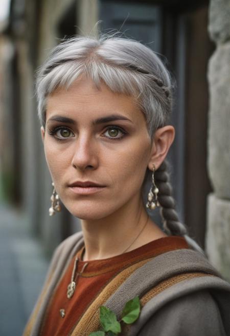 Photography in (stvmccrr style), analog film, film grain, kodachrome, natural lighting, 8k, hdr, masterpiece, award winning photography, (frieren, pointy ears, elf, earrings, twintails, parted bangs, grey hair, thick eyebrows), ancient roman street corner