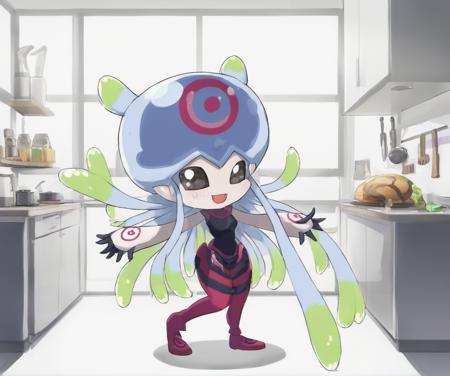 1girl,full body,indoors,solo,a  chibi jellymon maid in the kitchen,anime,  <lora:JellymonXL:0.9>