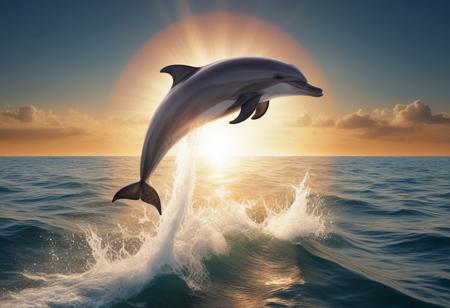 Dolphin jumping over sea water, sun halo background, very realistic photography