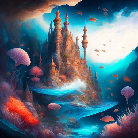 (oceanicrealms style:1) a painting of a castle surrounded by sea life <lora:djzOceanicRealmsV21_LoraBooth:1>