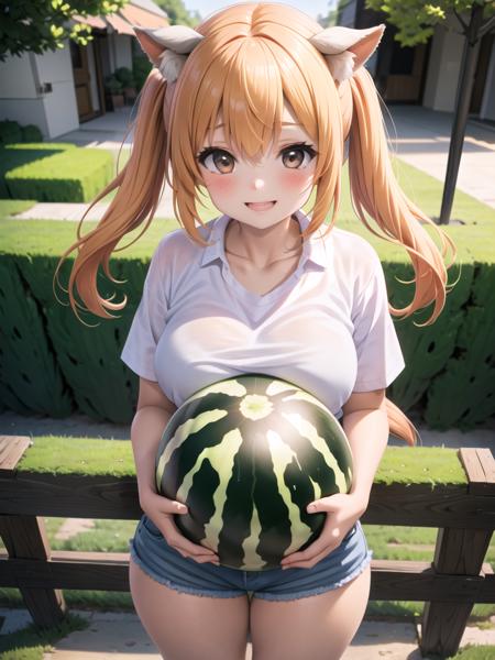 farmer, a girl, cow ears, a large watermelon ball, put breasts on watermelon, upper body, T-shirt, short pants
<lora:large present-001_0.7:1>