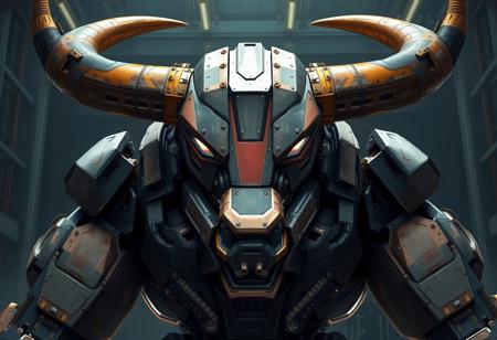 Create a close-up illustration of a robot with a broken, ruined armored core trunk, flexing large muscles, set against a dark factory background of mass production. The image should resemble a bull, with a focus on perfect symmetrical balance and golden ratio proportions. Incorporate elements of dark matter incarnate and thunderstrike, with a cyberpunk aesthetic inspired by the art of Baiōken Eishun and MC Escher. The style should be photorealistic, with extremely fine details and a chiaroscuro lighting effect. The image should be rendered in 8K resolution with a high level of realism, similar to an Unreal Engine illustration. Incorporate the likeness of Tom Selleck, with a focus on intense, dramatic expression.