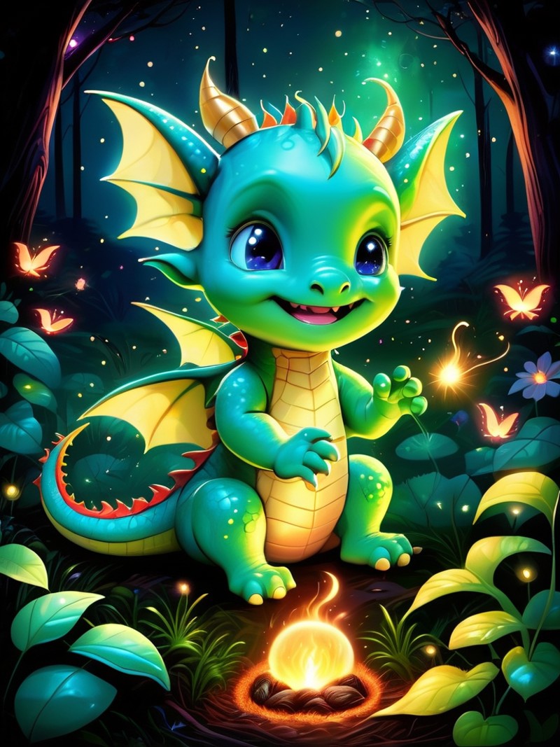 An enchanting depiction of a baby dragon learning to make its first flame, with encouragement from a circle of fireflies, ...