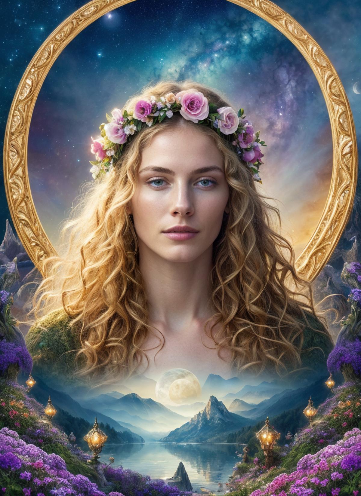 A woman with long hair wearing a flower crown on a poster.