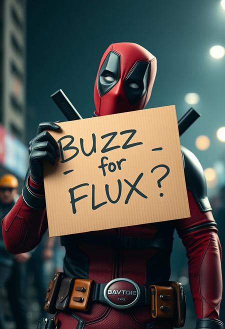Deadpool, holding a cardboard poster with written text "BUZZ for FLUX?", cinematic, 4k, wide-angle