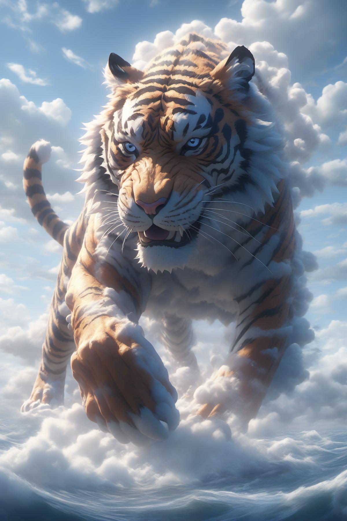 A Large Tiger with Blue Eyes Standing in the Clouds