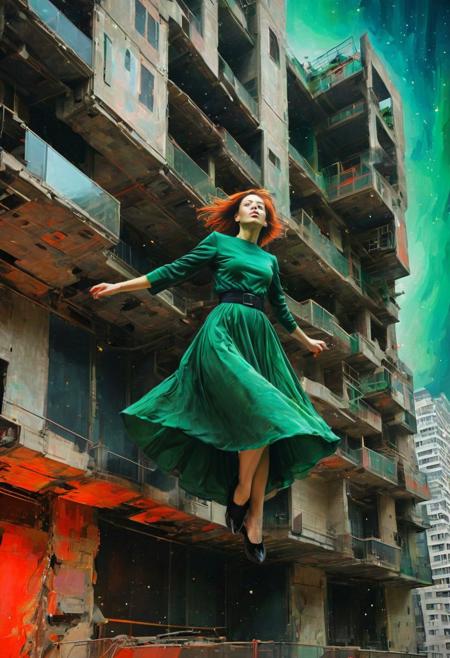 by Dom Qwek and Denys Lasdun,  (magnificent , Abstract Expressionism but extremely beautiful:1.4), (intricate details, masterpiece, best quality:1.4) , view from below, woman with flowing skirts flying between buildings, levitating, clothes like midnight full of stars, 
Cyberpunk style, neon, dystopian, futuristic, digital, vibrant, detailed, high contrast, reminiscent of cyberpunk genre, , looking at viewer, dynamic pose, red and petrol green hue
<lora:add-detail-xl:1> <lora:xl_more_art-full_v1:0.5>  <lora:NicolaSamori:0.5> in the style of nicola samori <lora:looking_at_viewer:2>