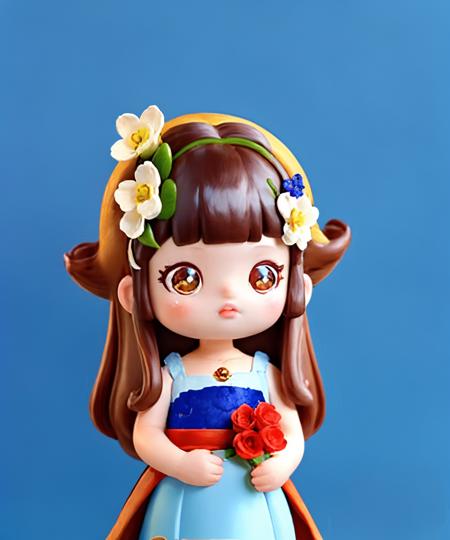 1girl, solo, flower, brown hair, looking at viewer, lips, realistic, black eyes, blue background, upper body, bouquet, hair flower, bangs, hair ornament, parted lips