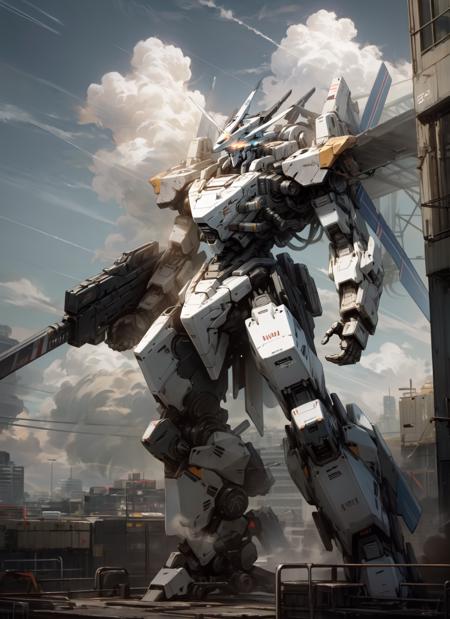 sky, cloud, holding_weapon, no_humans, glowing, , robot, building, glowing_eyes, mecha, science_fiction, city, realistic,mecha