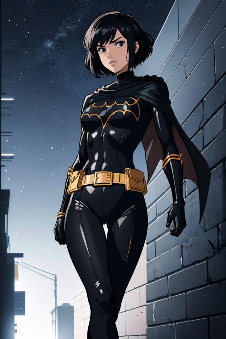 masterpiece, best quality, <lora:cassandracain-nvwls-v1-000009:0.9> cassandra, black hair, short hair, cape, bodysuit, black bodysuit, black pants, black gloves, belt, belt pouch, medium breasts, night, night sky, alleyway, walking, looking at viewer, furrowed brow