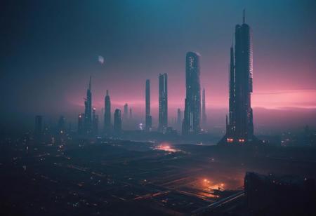 Cyberpunk style city, tall neon skyscrapers, ecumenopolis, sci-fi aesthetics, film photography style, a moody picture of Gas Giant alien landscape composed primarily of hydrogen and helium, with no solid surface and a thick atmosphere (with a tall cylinder spaceport in the background:1.2), cloudy weather, at dawn, dim lit, foggy, muted colors, hazy, vintage, analog style, Busy crowded city strret, City<lora:SDXL_FILM_PHOTOGRAPHY_STYLE_Alphav0.2:1>