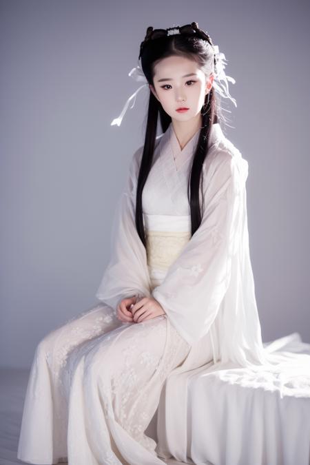 1girl white hanfu white hair ribbon