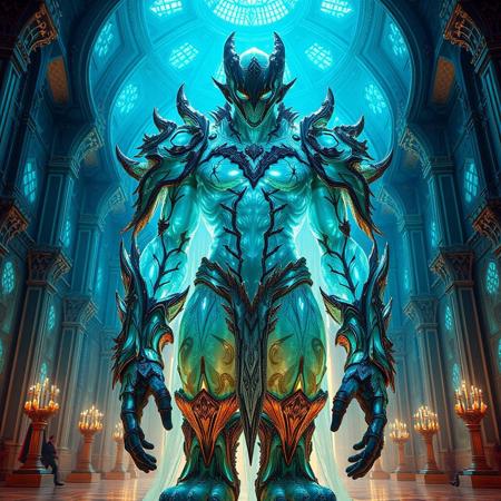 Masterpiece 5 protozoa/humanoid, bioluminescence translucent  body, with no ears and no nose, 32k, 16k, 8k, masterpiece, cinematic art, Kaiju bioluminescence translucent armor, standing inside a bioluminescence translucent cathedral,