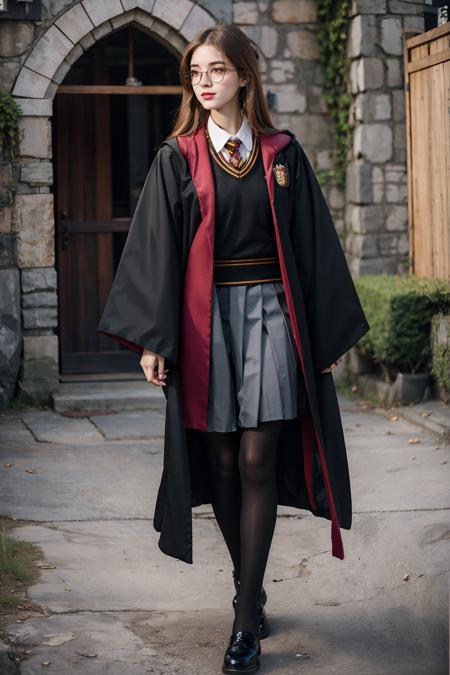 1girl,  long_hair, shoes, solo, standing, looking_at_viewer, skirt, long_sleeves, holding, brown_eyes, school_uniform, pantyhose, (upper body:1.3), glasses,black_footwear, black_pantyhose, robe, animification,hogwarts_school_uniform, HP robe, outfit <lora:HP:0.8>