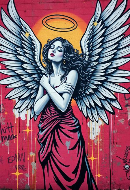 Graffiti style of a beautiful woman sprouting angel wings, street art, mural, high quality, high resolution