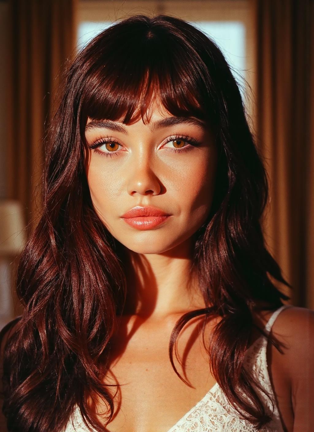 {    "T5": "A hyperrealistic closeup of Sydney Chandler's face, set against the background of a luxurious hotel room. Her eyes are narrowed in interest, while her lips curve into an intrigued expression. Her absurdly long hair cascades down past her shoulders, its deep burgundy hue framing her heart-shaped face. She is wearing a lace dress that provides a delicate contrast to her porcelain-smooth skin. Every detail of her face, from the fine hairs on her skin to the intricate patterns of her eyes, is rendered in exquisite, photorealistic detail, with delicate shadows dancing across her features.",    "CLIP-L": "Sydney Chandler, closeup facial portrait, hyperrealistic, hotel room, lace dress, burgundy hair, interested expression, extremely detailed skin, detailed eyes, realistic textures" }