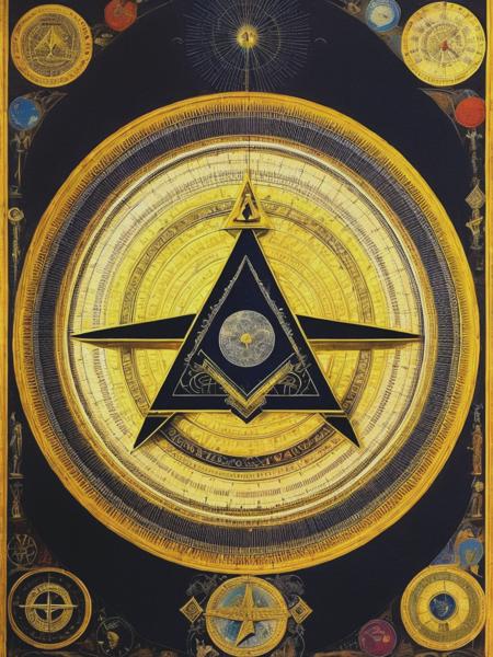 <lyco:PaulLaffoley:1.0> esoteric artwork, containing a masonic G and mechanical protractor