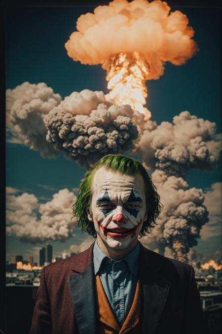analog photo, morbid horror, (angry joker portrait:1.1), fullmetal, robotic, mechanical parts, (burning gotham city background:1.2), slate atmosphere, cinematic, dimmed colors, dark shot, muted colors, film grainy, lut, spooky, photography, hq, photorealistic, colorful [polaroid] with vibrant colors, dramatic, high contrast, high saturation, vintage, faded film, film grain, selective blur, [[[red, orange, yellow, green, light blue, blue, purple]]], (mushroom cloud background:1.1),