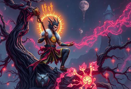 Create a highly detailed, lifelike image of a Scrappunk Sun Wukong, a tabaxi male, in the style of Mohrbacher and inspired by Sekiro, holding a staff and situated on a Crystal Tree. The image should incorporate the golden ratio and have a neon, zen atmosphere reminiscent of 'Neon Genesis Evangelion'. The style should be a mix of Ilya Kuvshinov, Katsuhiro Otomo, Villeneuve, Artgerm, Jeremy Lipkin, and wlop. Incorporate the essence of Bruce Willis as a samurai and anthropomorphic monkey elements. Trending on ArtStation.
