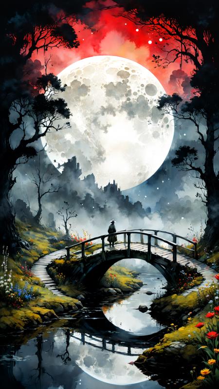 <(score_9,score_8_up,score_7_up,score_6_up,score_5_up,score_4_up):1.0>,
<(Fantasy dreams, magic, moon, fog, gloomy, ink, acrylic, double exposure, mythological, best quality, by Osama Fares, Van Gogh, Waterhouse, Craola, Carne Griffiths, Dan Mumford, Minjae Lee, Andy Kehoe, Miyazaki, patchwork, adorable, vintage, art on a cracked paper):1.3>,
<(Storybook detailed illustration, cinematic, ultra highly detailed, tiny details, beautiful details, mystical, luminism, vibrant colors, complex background, Stylized watercolor art. A stunning white-dragon, dark eclipse, celestial dramatic event, small bridge by the swampy river, wildflowers):1.0>,
<(by c215 and Arthur Rackham, Paul Barson, Paul Lovering, masterpiece, color print art, red sunrise, vibrant. Sharp, focused, vibrant, colorful, clear image, high contrast):0.9>
<lora:add-detail-xl:1.3>,
<lora:xl_more_art-full_v1:1.0>