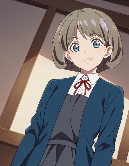 <lora:keke-tang-s2-ponyxl-lora-nochekaiser:1>, keke tang, short hair, blue eyes, grey hair, multicolored hair, streaked hair, shirt, dress, ribbon, school uniform, jacket, white shirt, open clothes, collared shirt, open jacket, red ribbon, neck ribbon, blue jacket, pinafore dress, grey dress, yuigaoka school uniform,