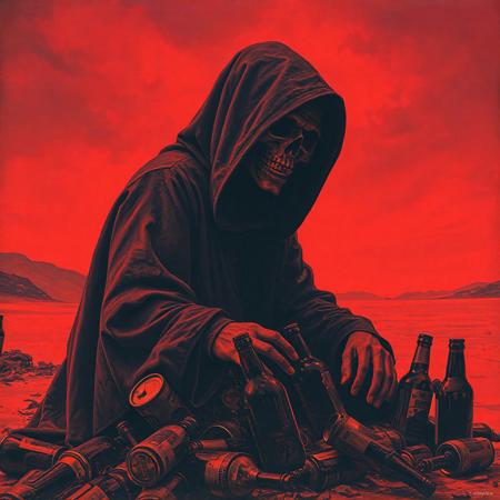 Dark art Side view of an cloaked ominous monk from the 70s-style pulp paintings sitting in a pile of beer cans and bottles in a red mystical desert, The sky is red and otherworldy. The monks grinning skeletal face is barely visible. Duotone: Burnt orange and deep plum. Mood: Occult ritual meets 80's crinkled concert poster art style. Grim reaper, doom metal-style, gritty, desert ritual, tales from the crypt